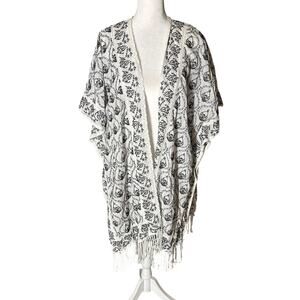 Anthropologie kimono embroidered black white shawl women's coverup fringe M/L